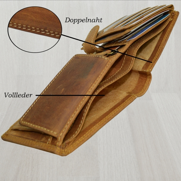 Wild Things Only Ledergeldbörse Rustikales Design Rindleder Herren Portemonnaie mit Doppel Stepp Nähten